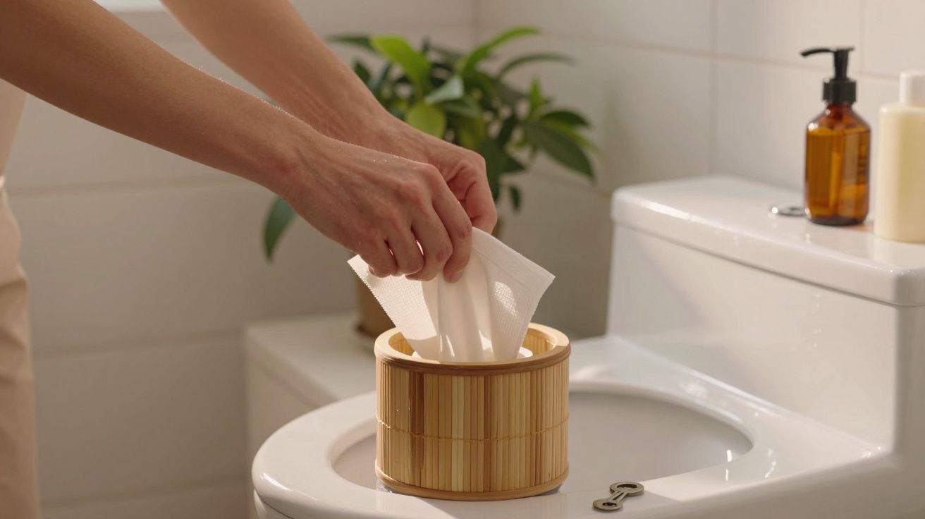 Persona colocando papel en una caja de bambú sobre un inodoro blanco; planta y dispensador al fondo.