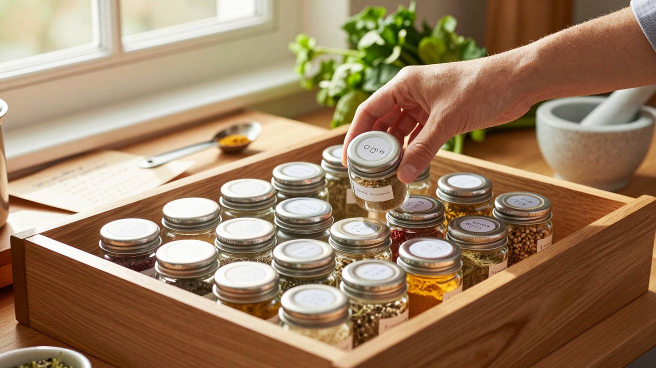 Persona eligiendo un tarro de orégano en un cajón lleno de especias en la cocina, con luz natural.
