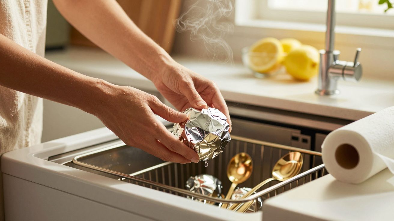 Manos limpiando vajilla en el fregadero con bola de papel aluminio y grifos en la cocina. En el fondo, limones y papel.