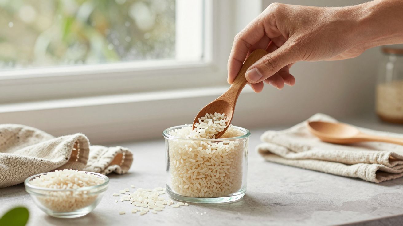 Mano recogiendo arroz con cuchara de madera de un tarro de vidrio en la cocina.