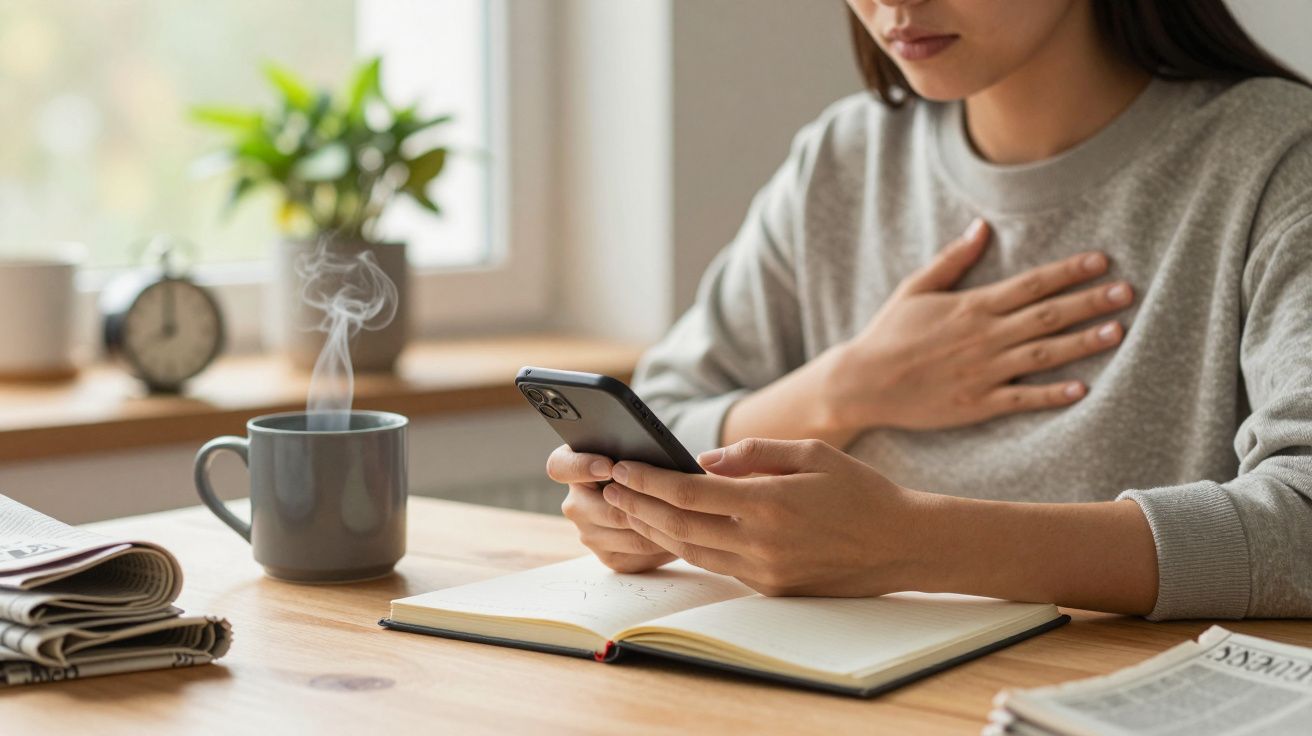 Mujer sentada con móvil en mano, taza de café humeante, cuaderno abierto y mano en el pecho.