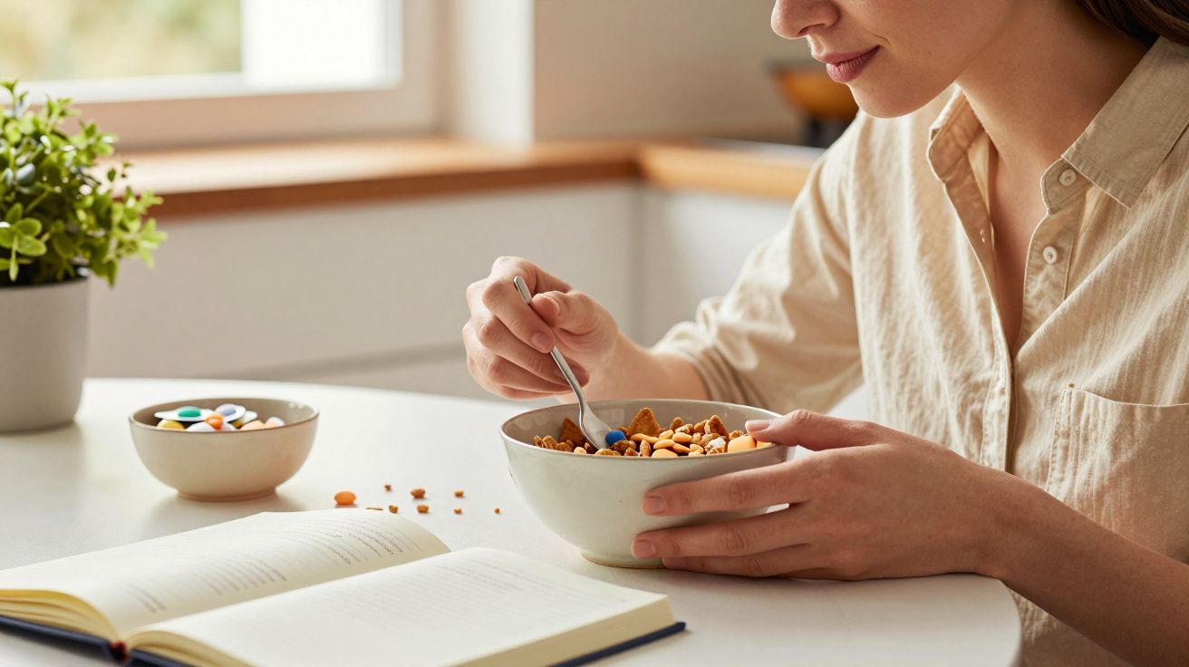 Mujer desayunando cereales en un cuenco, con libro abierto y bol pequeño con frutas en la mesa, planta de fondo.