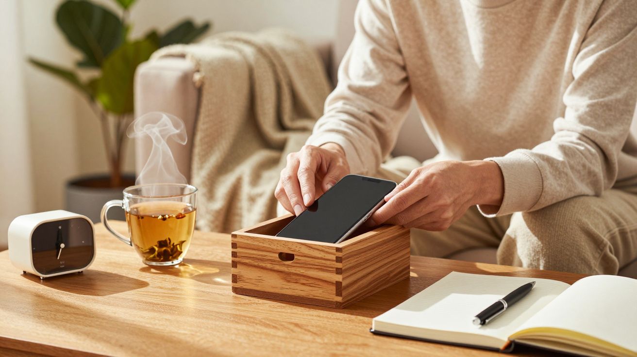 Persona coloca un teléfono en una caja de madera en una mesa con una taza de té, cuaderno, bolígrafo y reloj.