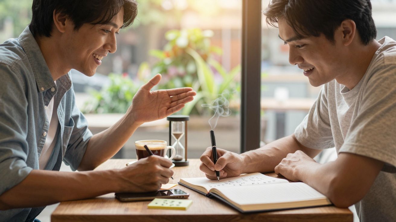 Dos personas conversan y toman notas en un café. Hay una taza de café y un reloj de arena sobre la mesa.
