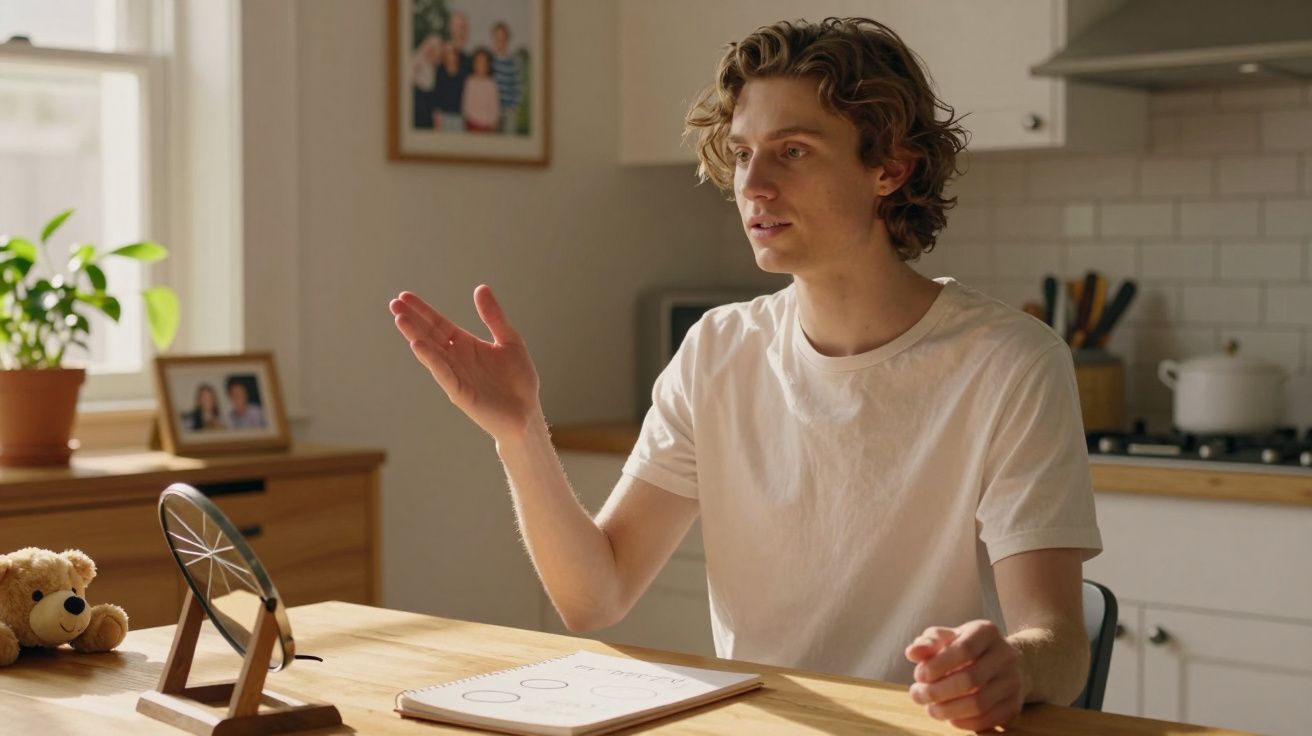 Joven sentado en una cocina soleada, hablando mientras gesticula con la mano, con un cuaderno abierto frente a él.