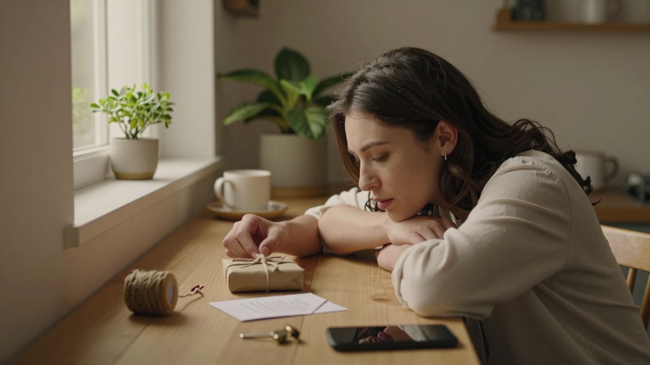 Mujer pensativa apoya la cabeza en mesa, junto a regalo envuelto. Planta en ventana, móvil y taza cerca.