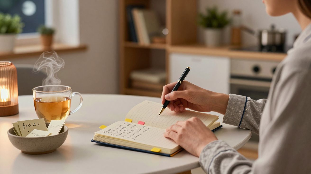 Persona escribiendo en un cuaderno en una cocina, con una taza de té y una vela encendida sobre la mesa.