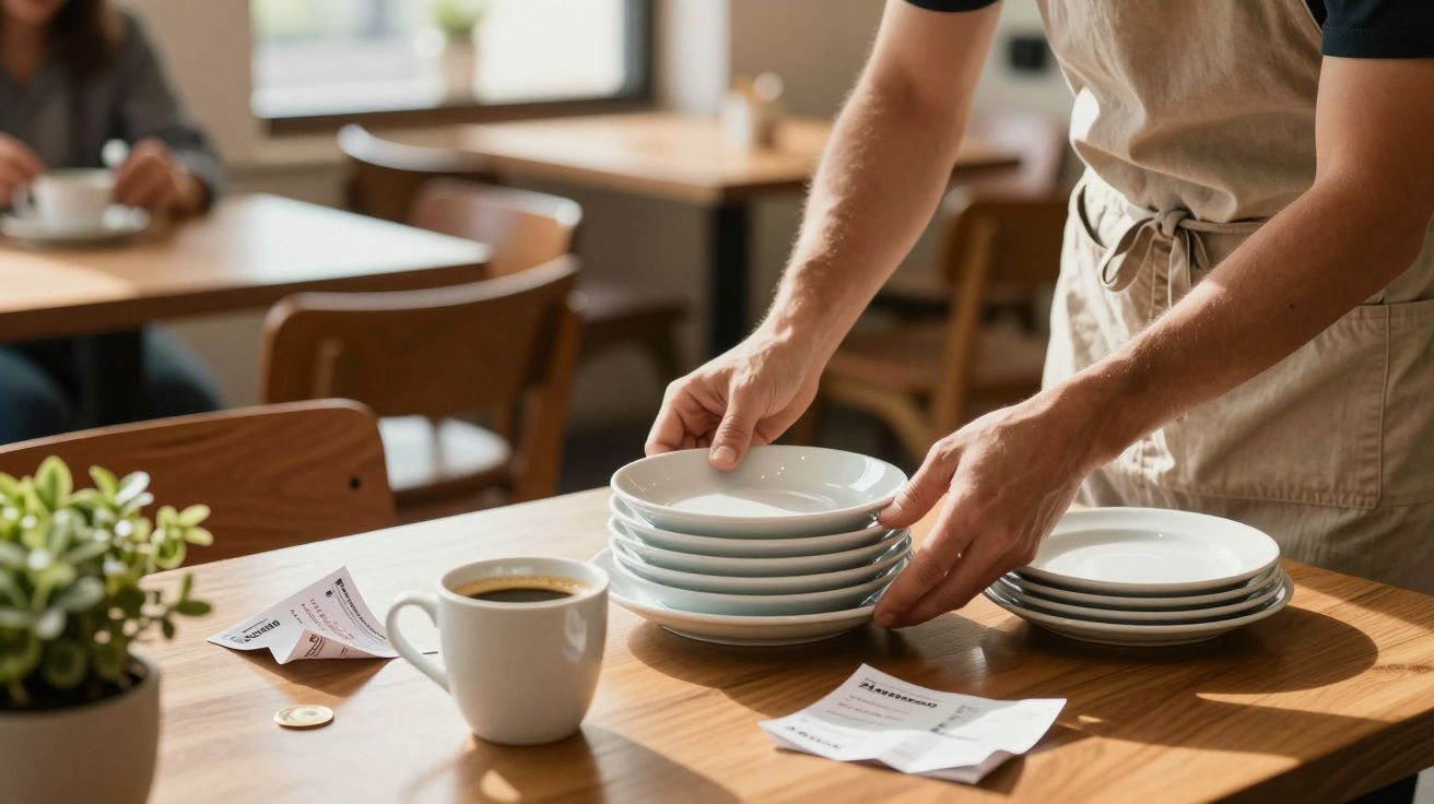 Camarero apilando platos en una mesa de café con taza, planta y recibos.