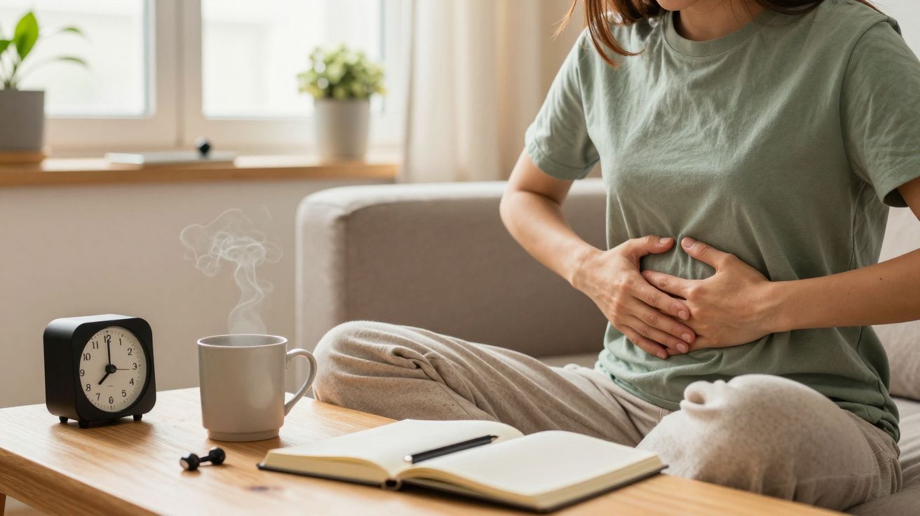 Mujer sentada en un sofá presionando su estómago, junto a una mesa con taza humeante, reloj y cuaderno abierto.