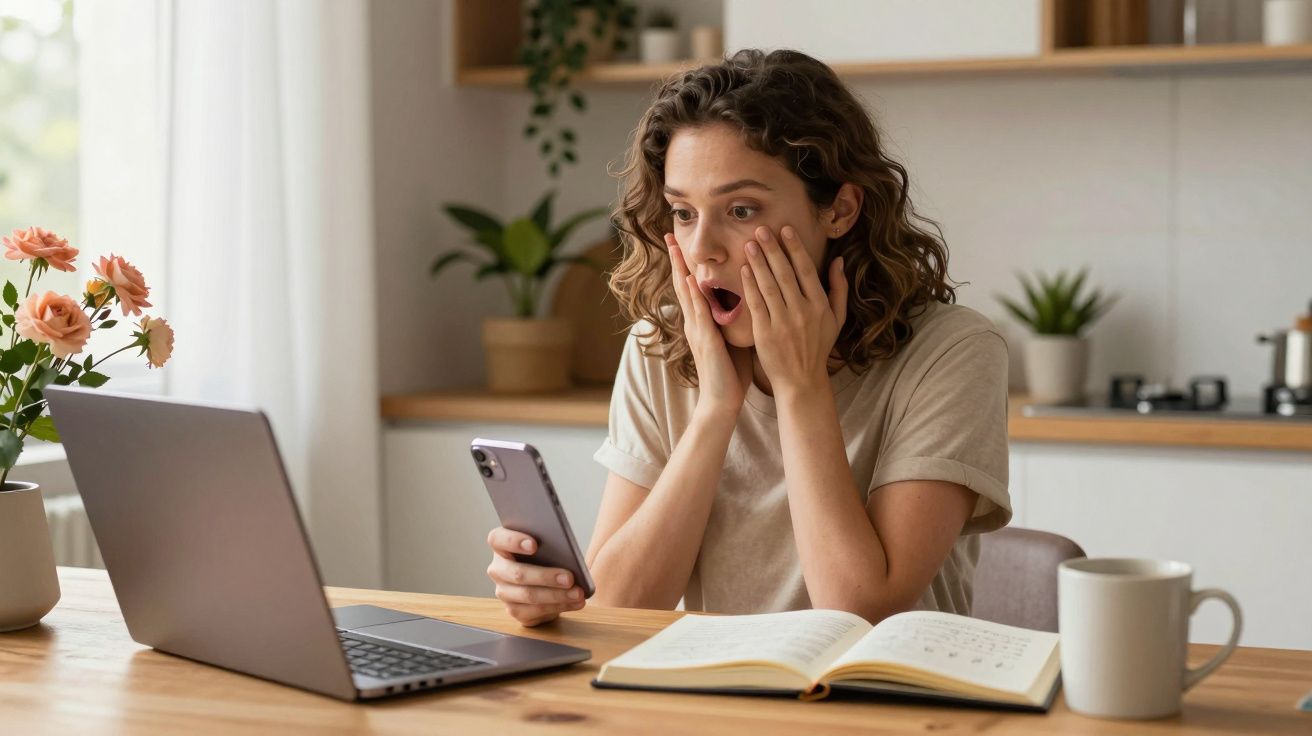 Mujer sorprendida mirando su móvil junto a un portátil y un cuaderno en una mesa, con plantas de fondo.