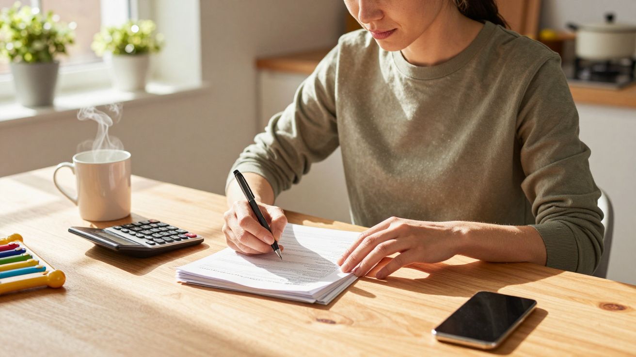 Mujer escribe en un cuaderno en una mesa. Calculadora, taza y móvil cerca. Ambiente iluminado y acogedor.