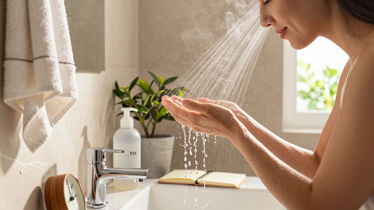 Mujer disfruta de agua caliente en el lavabo, rodeada de toallas y una planta cerca de la ventana.