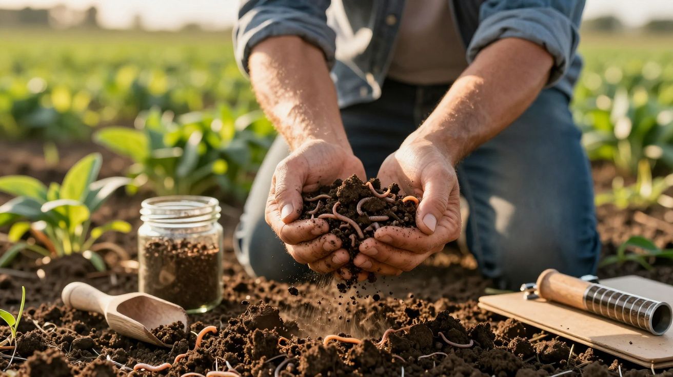 Persona arrodillada en el campo, sosteniendo tierra con lombrices, herramientas de jardinería y plantas alrededor.