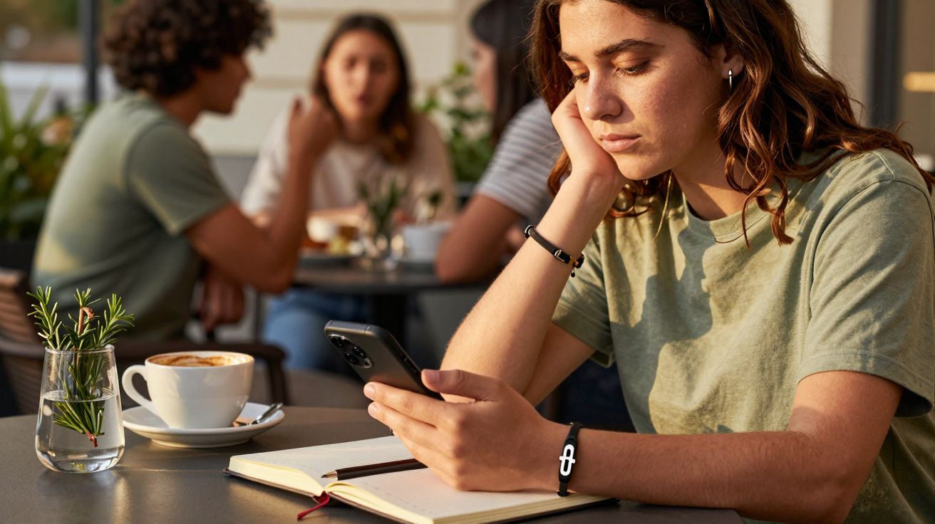 Joven revisa su teléfono en una cafetería, con un cuaderno abierto y una taza de café en la mesa.