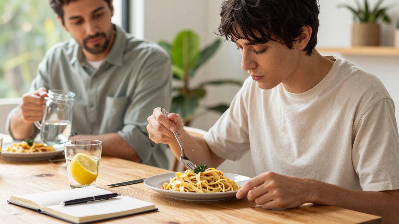 Dos personas sentadas a la mesa, una comiendo pasta y la otra sirviendo agua de una jarra.