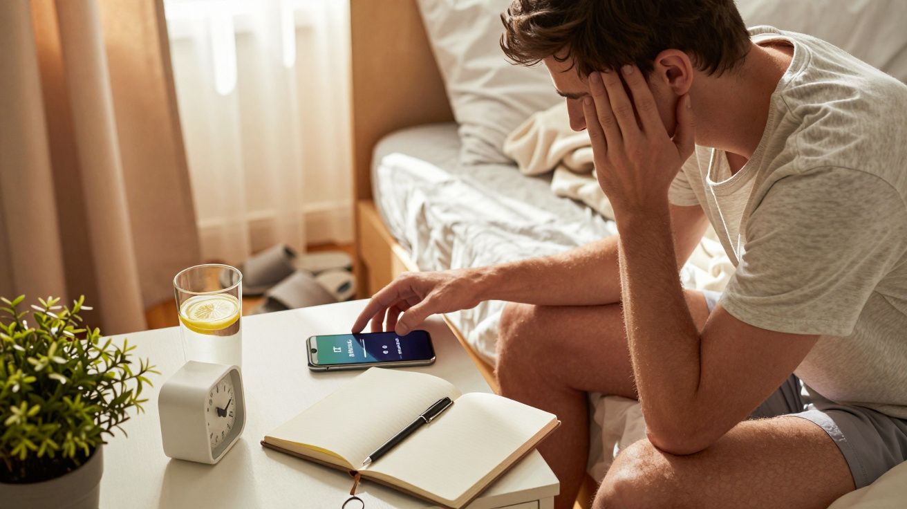 Hombre sentado en una cama mirando su móvil sobre una mesa con un reloj, un cuaderno, un bolígrafo y un vaso con limón.