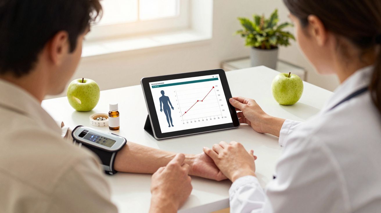 Doctor revisando datos en una tablet con un paciente, en una consulta médica. Hay manzanas verdes sobre la mesa.