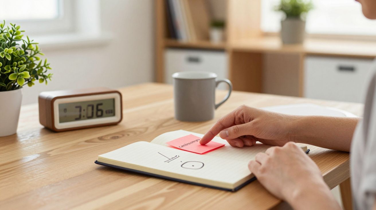 Persona en escritorio con agenda abierta y notas. Reloj digital marca las 7:06. Hay una planta y una taza gris.