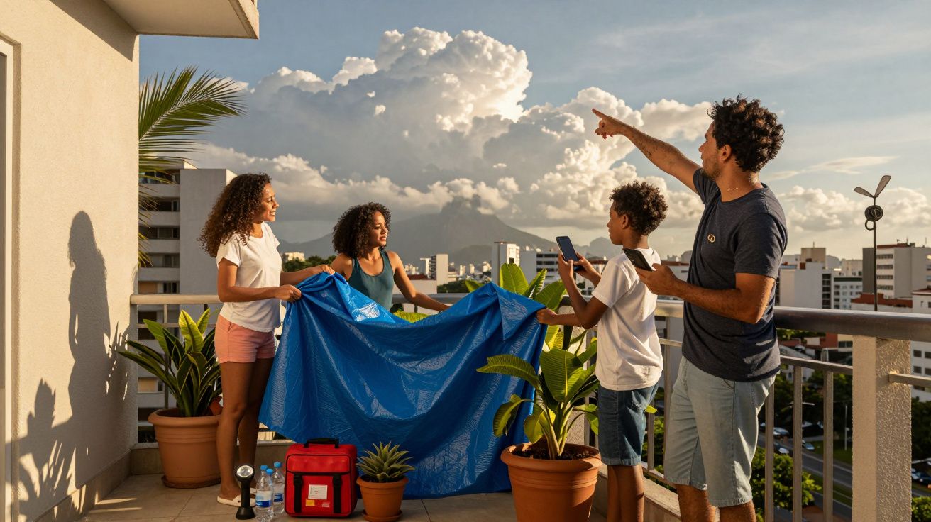 Familia en terraza, sosteniendo lona azul. Hombre señala al cielo, niños observan. Plantas en macetas alrededor.