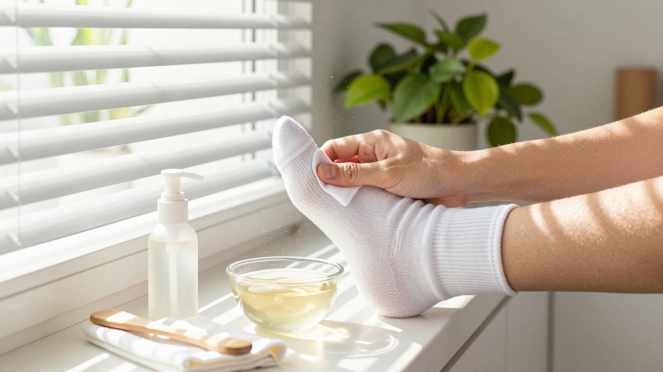 Mano limpiando un pie con calcetín blanco, junto a una botella de jabón y un cuenco en un alféizar iluminado.