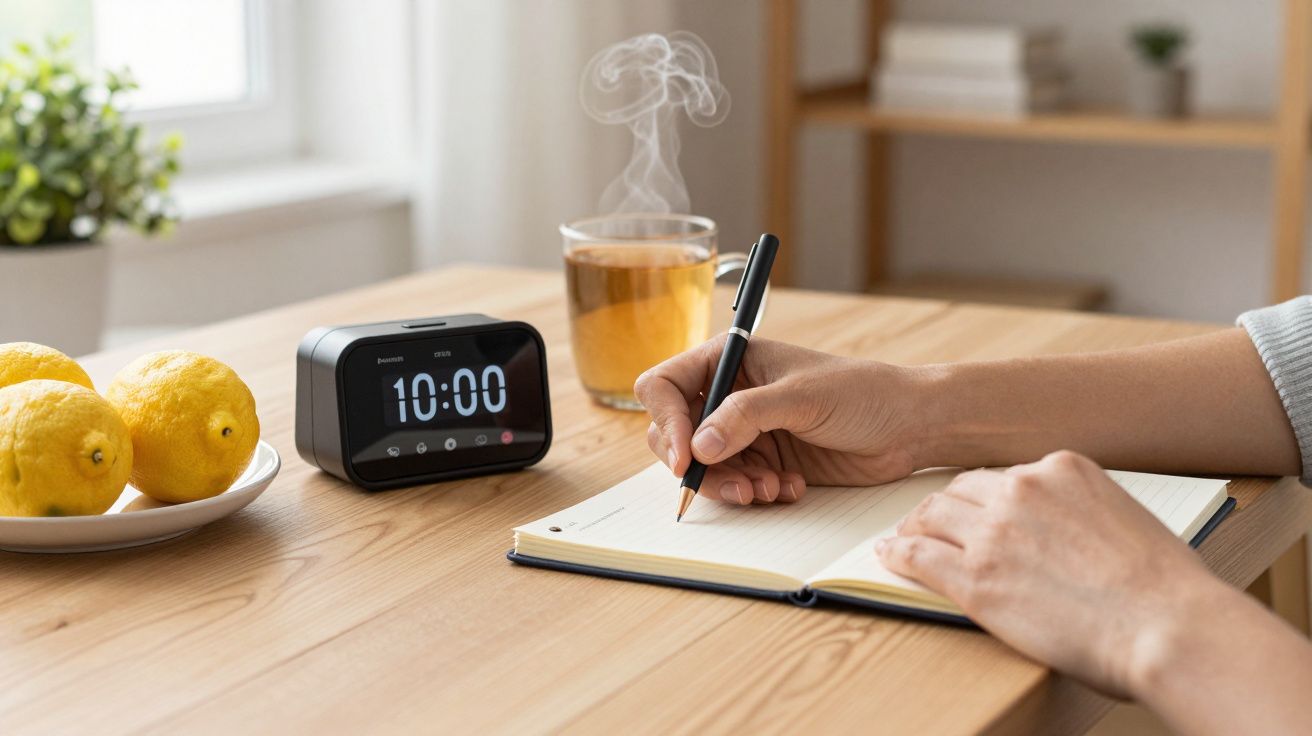Mano escribiendo en un cuaderno sobre mesa de madera, con reloj digital, vaso de té humeante y platos con limones.