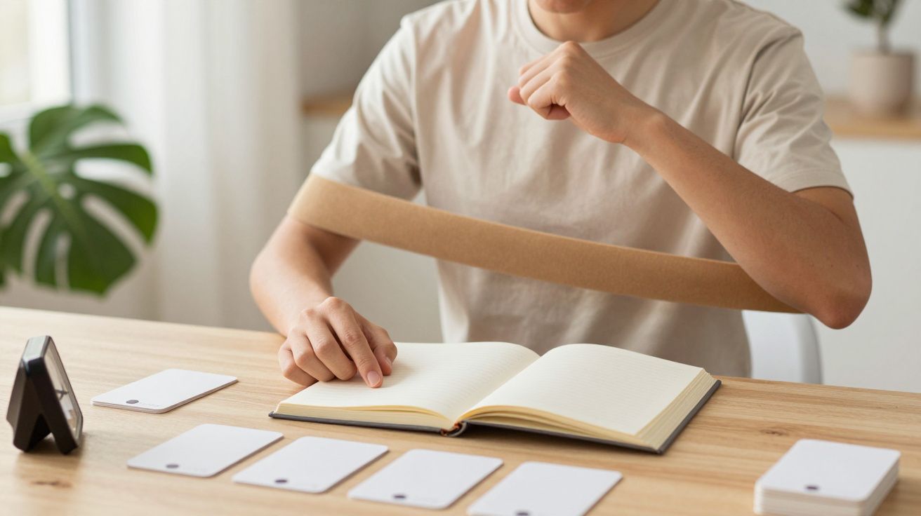 Persona estudiando con cuaderno abierto, tarjetas blancas sobre la mesa y banda elástica marrón atada a los brazos.