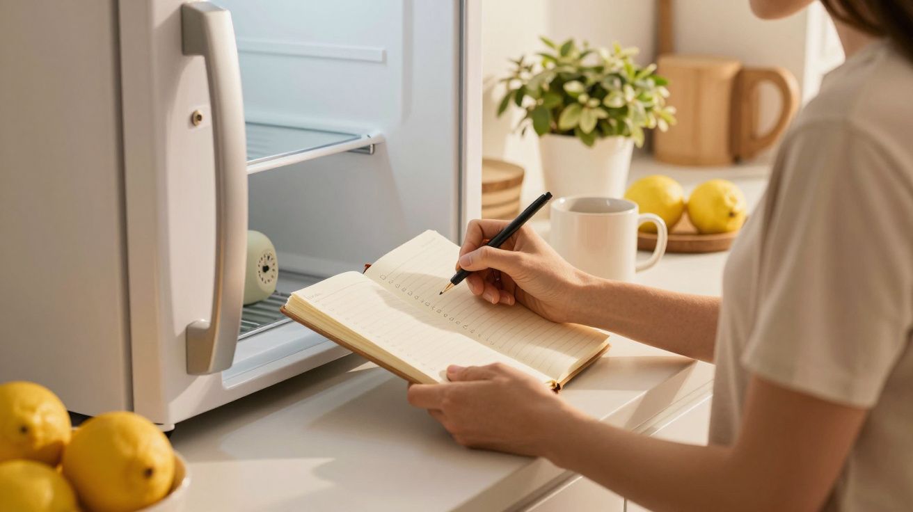 Persona escribiendo en una libreta junto a un frigorífico abierto, con limones y una taza sobre la encimera.